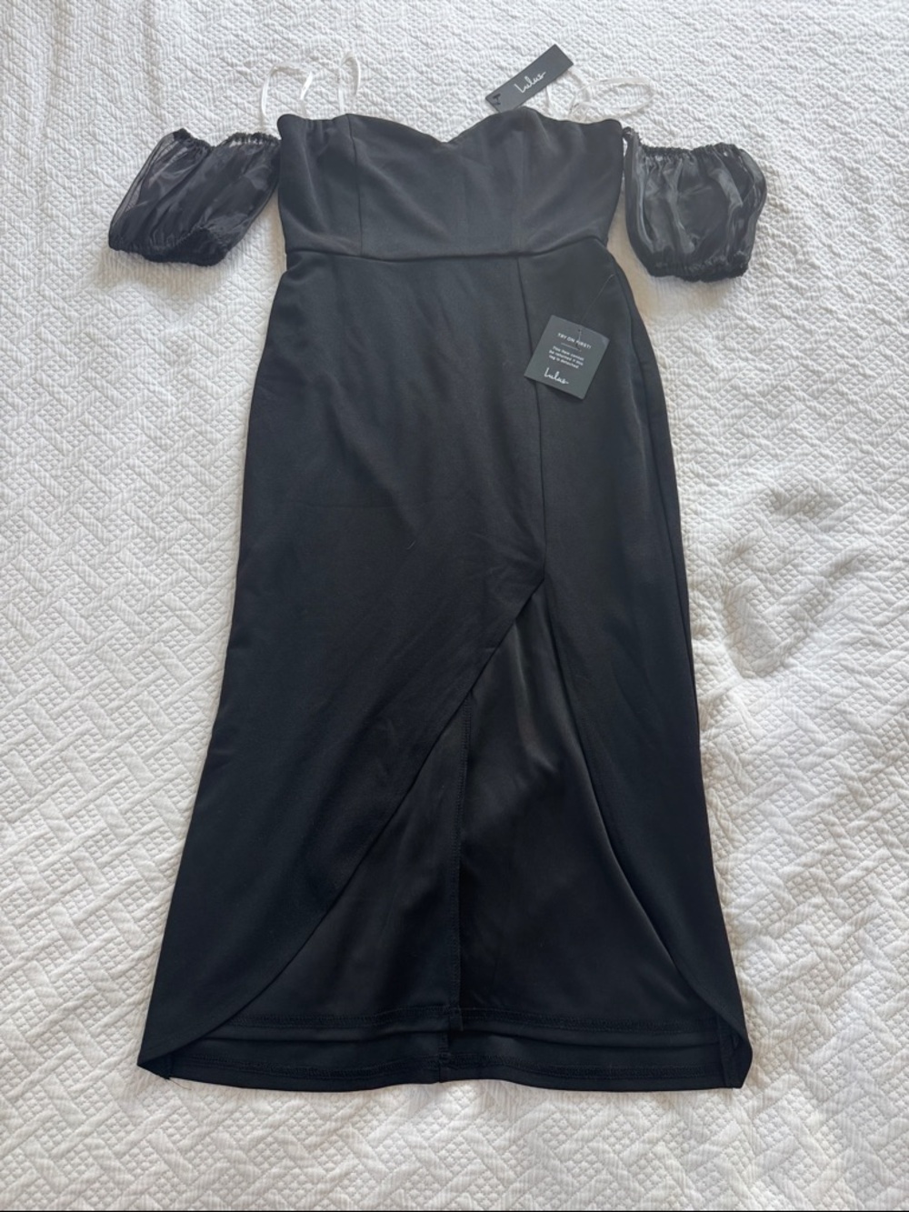 Lulu's Black Midi Dress with Sheer Puff Sleeve